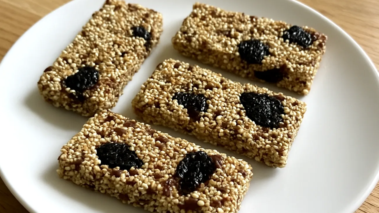 Amaranth-Puffreis-Riegel mit Leinsamen und Pflaumen"