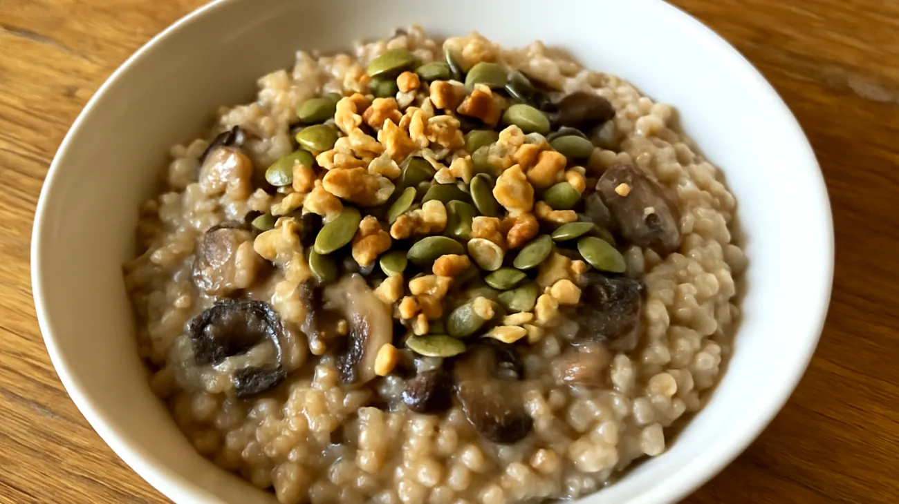 Buchweizen-Pilz-Risotto mit Walnüssen und Kürbiskernen"