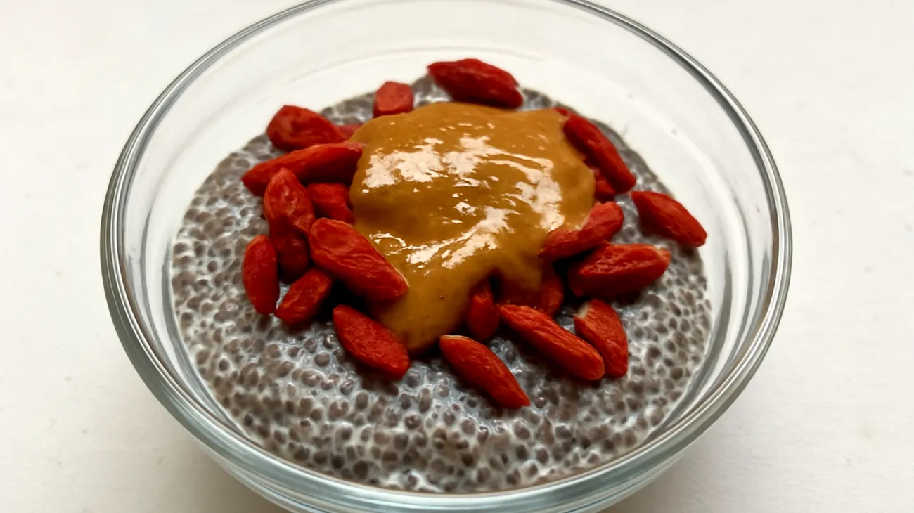 Chiasamen-Pudding mit Goji-Beeren und Mandelmus"
