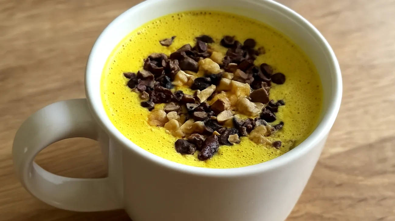 Goldene Milch mit Kakao-Nibs und Walnüssen"