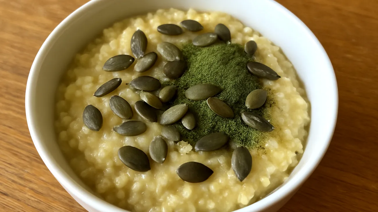 Hirsebrei mit Brennnesselpulver und Kürbiskernen"