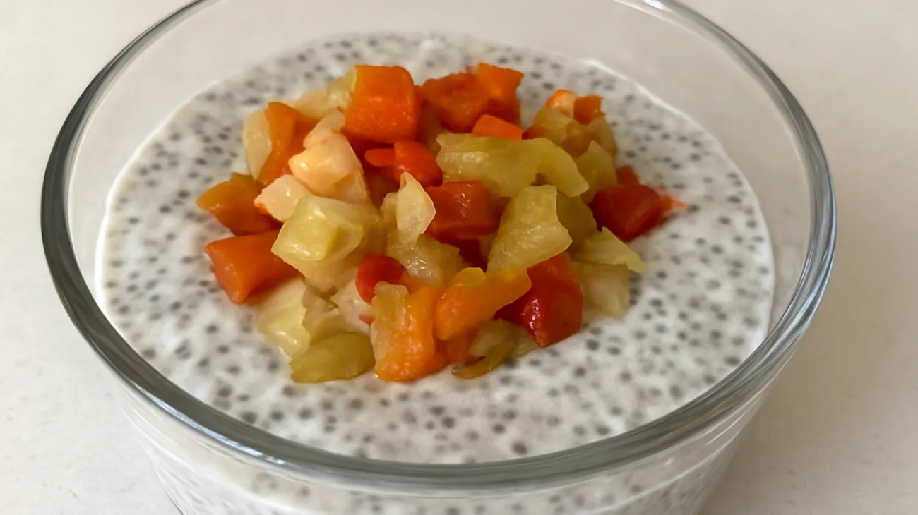 Kefir-Chia-Pudding mit fermentierten Gemüsestückchen"