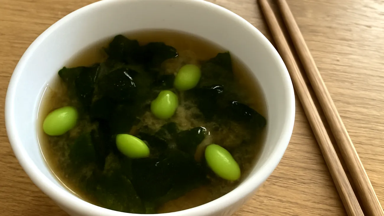 Miso-Suppe mit Wakame-Algen und Edamame"
