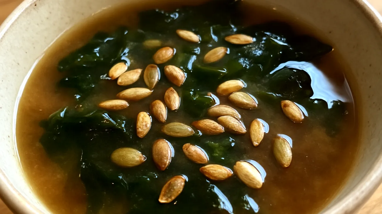 Miso-Suppe mit Wakame-Algen und gerösteten Kürbiskernen"